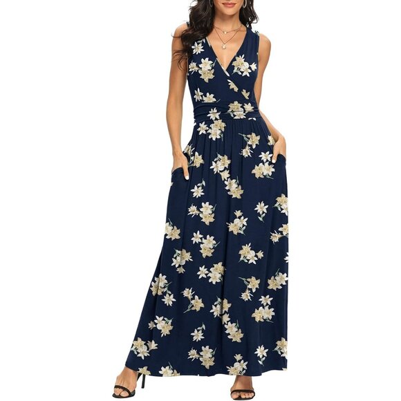 Women Blue Lily Deep V Neck Sleeveless Loose Plain Long Maxi Stretchy Dress - Picture 2 of 4